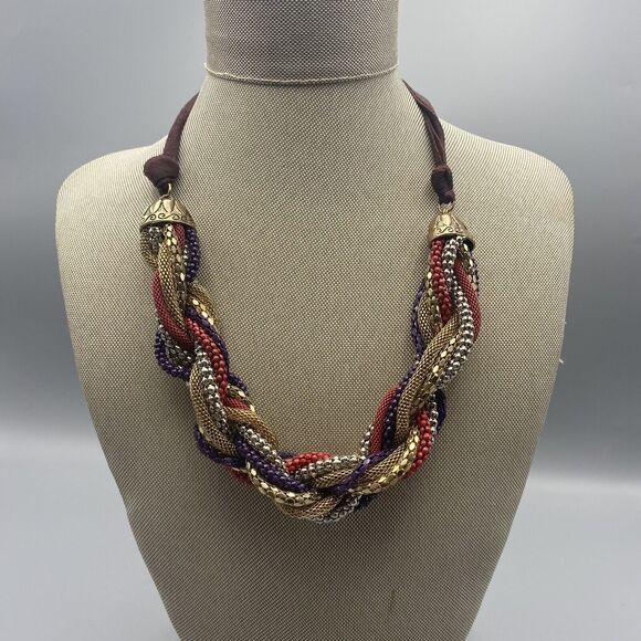 Ali-Khan Braided Mesh Chain Beaded Ribbon Necklace Multicolor Metallic‎ New York - Picture 2 of 7